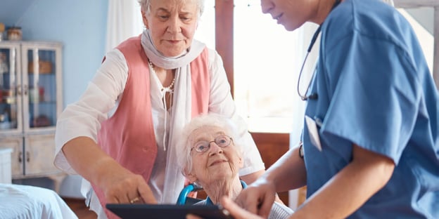 Older woman with carer and healthcare professional